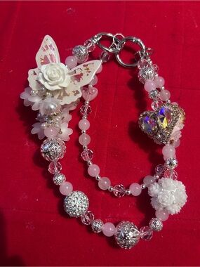 Pink Butterfly & Heart Beaded Bracelet Necklace - Feminine Statement Jewelry